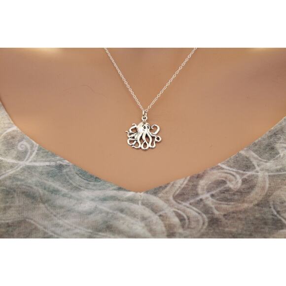Medium Sterling Silver Octopus Charm Necklace, Silver Octopus Pendant Necklace - Picture 2 of 4